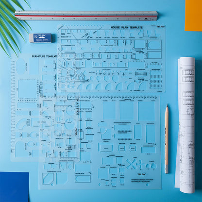 Mr. Pen- House Plan, 3 pcs, Interior Design and Furniture Templates, Clear Flexible Plastic, Drafting Tools, Ruler Shapes for Architecture, 1/4 Inch Scale, Kitchen, Bath, Bedroom, Office, Living Room