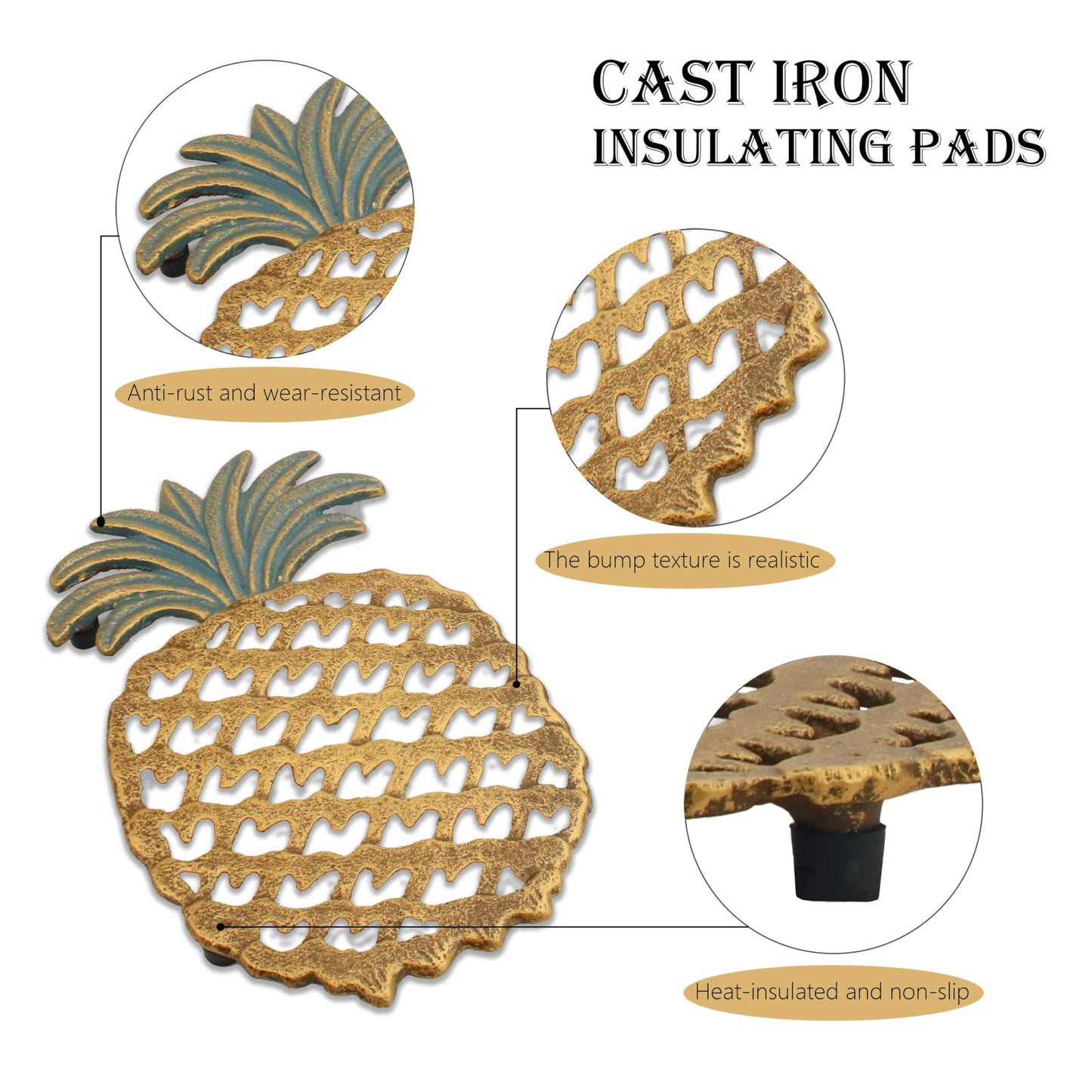 Cast Iron Trivets for Hot Dishes, Pineapple-Shaped Metal Trivets for Kitchen and Dining Protection, Decorative Tirvets with Pinch Mitts, Rubber Pegs