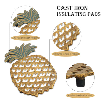 Cast Iron Trivets for Hot Dishes, Pineapple-Shaped Metal Trivets for Kitchen and Dining Protection, Decorative Tirvets with Pinch Mitts, Rubber Pegs