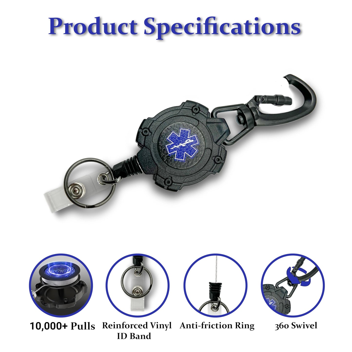 EMS, EMT, Paramedic/Medic Heavy Duty Medical Badge Reel Star of Life. 360° Swivel Carabiner Clip. 32.5” Steel Cable/Rope with Key Ring & ID Strap. 8 oz Weight