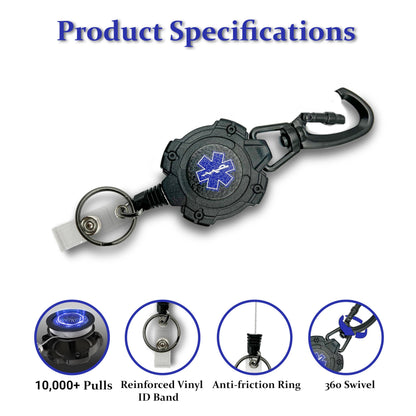 EMS, EMT, Paramedic/Medic Heavy Duty Medical Badge Reel Star of Life. 360° Swivel Carabiner Clip. 32.5” Steel Cable/Rope with Key Ring & ID Strap. 8 oz Weight