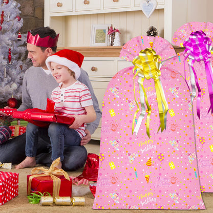 2 Pcs Large Gift Bags Oversized Plastic Storage Bags 48"x 36" with 2 Pcs Pull Bows for Huge Big Birthday Gift Presents Wrapping, Kids Bike Gift Bags, Birthdays, Parties, New Parents Baby Showers