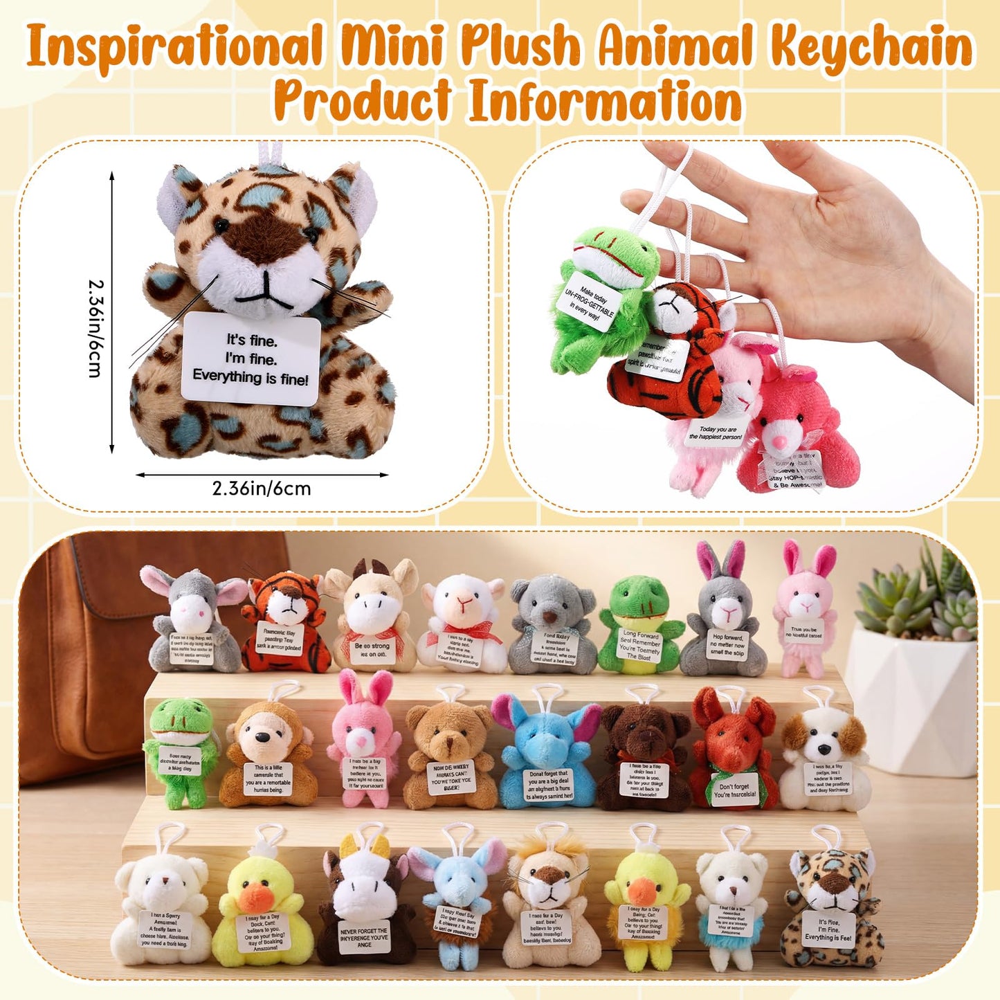 24 Pcs Easter Motivational Mini Plush Animal Keychains, Inspirational Animal Keychain with Quote Sign, Encouragement Positive Gifts for Easter Parties Goody Bags Colleague Staff