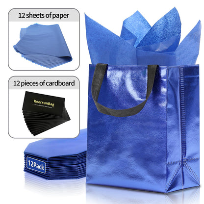 KeerxunBag 12pcs Reusable Gift Bags（Includes Tissue Paper） Gift bag with handle Birthdays Parties Holidays Weddings Medium 10x4x8in blue Gift Bags