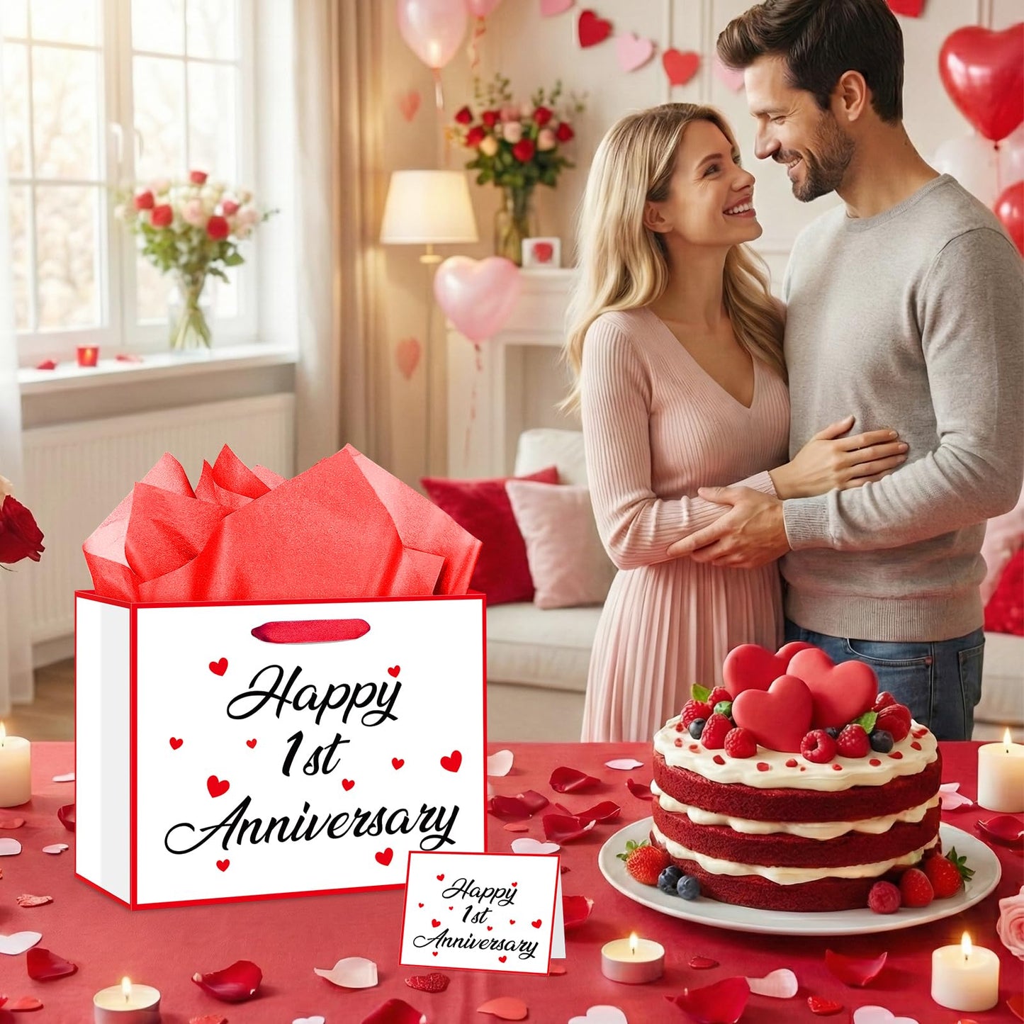 Innovoscape Happy 1st Anniversary Party Gift Bag 1st Anniversary Favor Bag with Card and Tissue Paper Valentine's Day Gift Bag Large One Year Wedding Bag for Couple Wedding Party Decorations