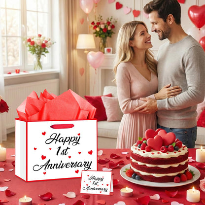 Innovoscape Happy 1st Anniversary Party Gift Bag 1st Anniversary Favor Bag with Card and Tissue Paper Valentine's Day Gift Bag Large One Year Wedding Bag for Couple Wedding Party Decorations