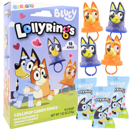 Galerie Bluey Lollipop Rings, Orange and Blue Raspberry Flavored, Individually Wrapped Party Favor Candy, Box of 18