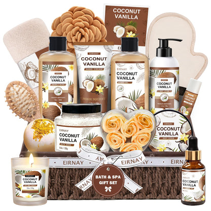 Mothers Day Gifts For Women - 16 PCS Birthday Gift Basket for Women Set of Coconut Vanilla Self Pampering Set, Includes Luxurious Home Spa Shower Gel Bubble Bath