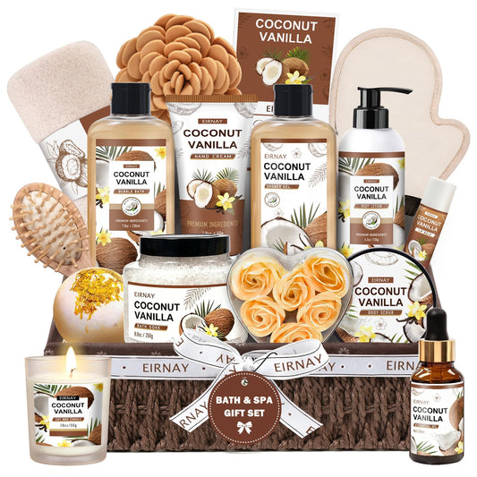 Mothers Day Gifts For Women - 16 PCS Birthday Gift Basket for Women Set of Coconut Vanilla Self Pampering Set, Includes Luxurious Home Spa Shower Gel Bubble Bath