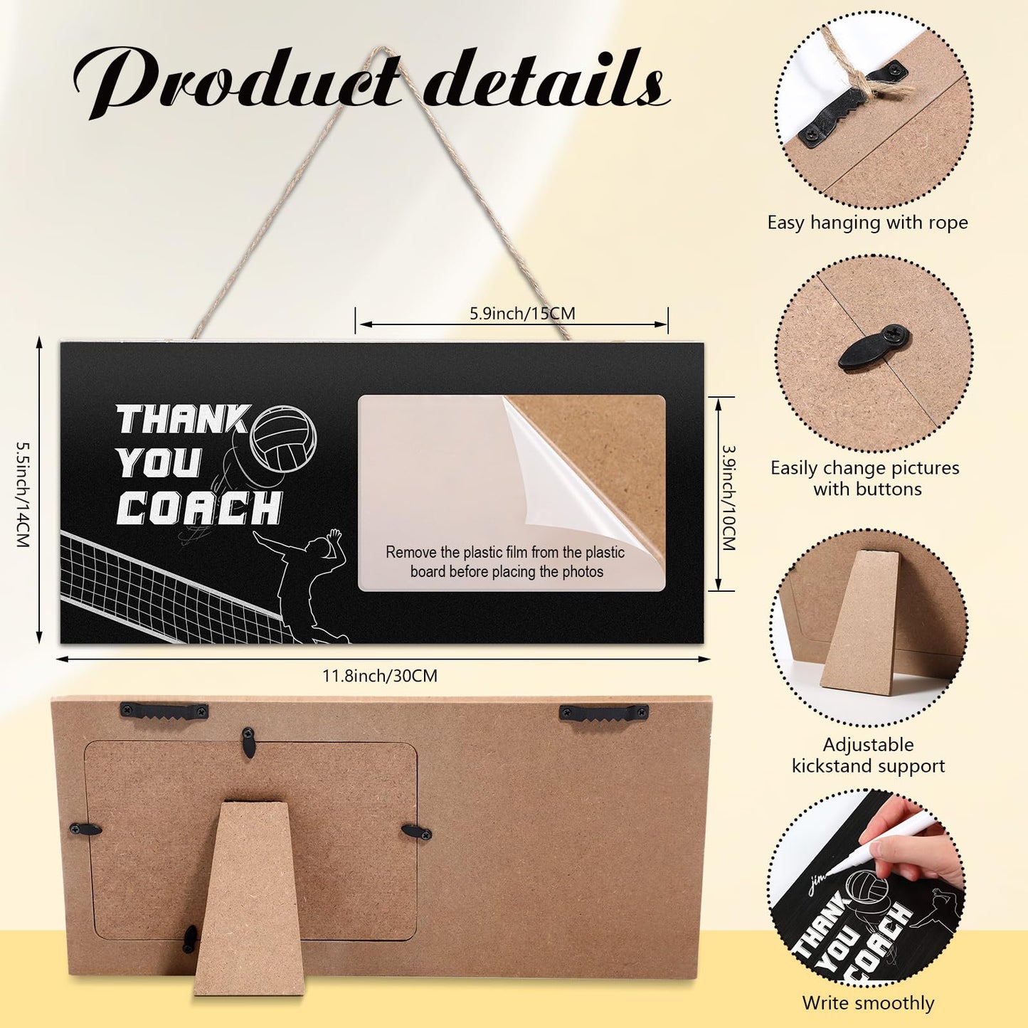 Blosssound Volleyball Thanks Coach Gifts Sports Picture Frame with Pen Thanks Coach Frame 4 x 6 Inch Photo Gifts Wood Picture Decoration for Coaches Appreciation(1)