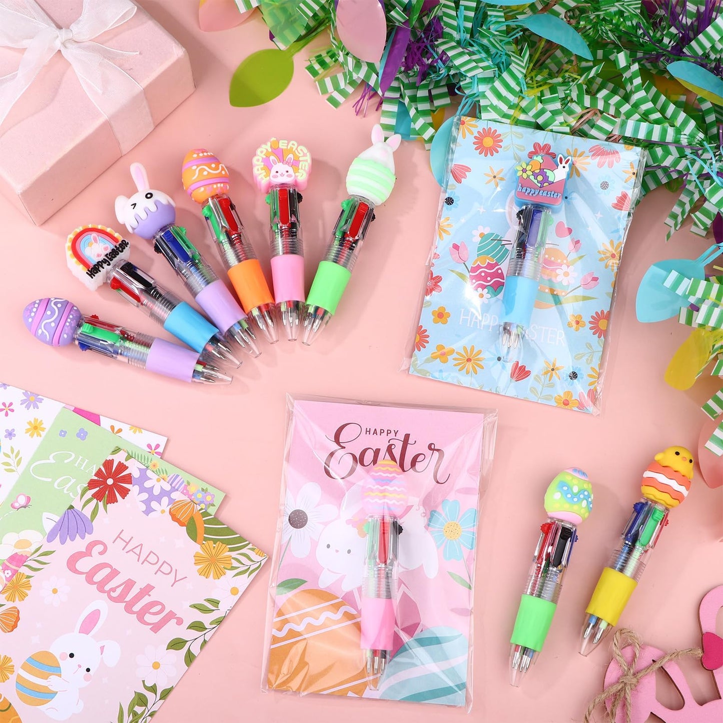 50 Sets Easter Pens Gifts Bulk Cartoon 4 in 1 Multicolor Ballpoint Pens with Greeting Cards 0.7mm Cute Bunny Egg Pens for Easter Party Favors Basket Goodie Bag Stuffers Students Reward Classroom Gifts