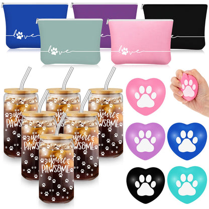 Sliner 5 Sets Approved Veterinary Assistant Week Gift for Women Inspirational 16 oz Glass Cups with Lid Makeup Bag with Stress Toy Vet Tech Assistant Dog Lover Cat Groomer Must Haves (Classic Color)