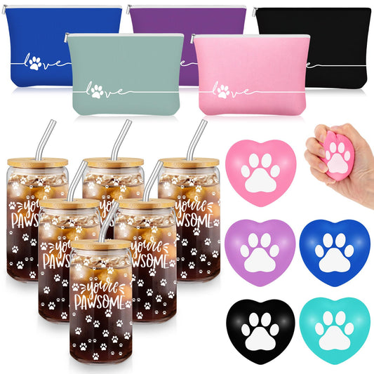 Sliner 5 Sets Approved Veterinary Assistant Week Gift for Women Inspirational 16 oz Glass Cups with Lid Makeup Bag with Stress Toy Vet Tech Assistant Dog Lover Cat Groomer Must Haves (Classic Color)