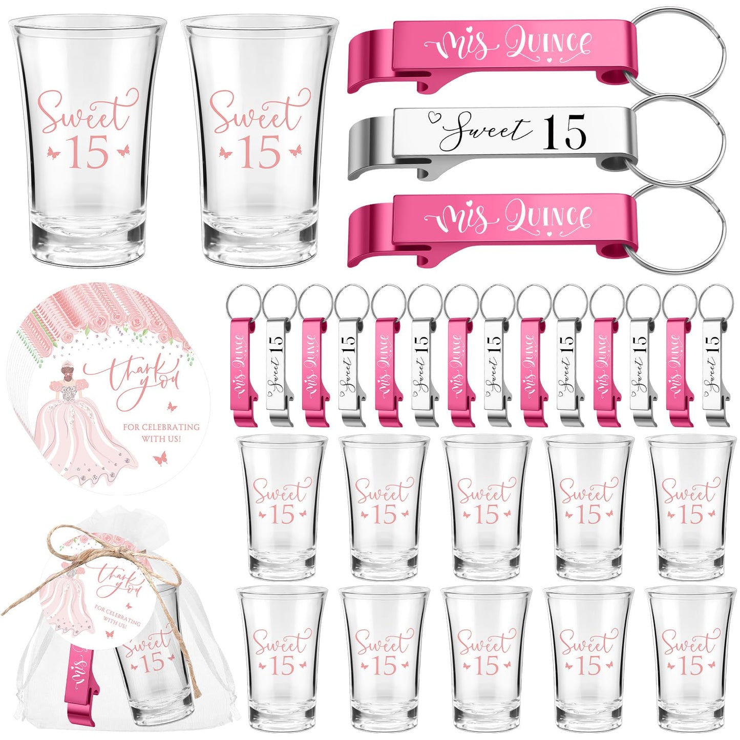 SiliFine 30 Set Quinceanera Party Favors for Guests Sweet 15th Acrylic Shot Glasses Bottle Opener Keychain Organza Bags Thank You Cards Rope Quinceanera Gift for 15th Birthday Party Favor (Pink)