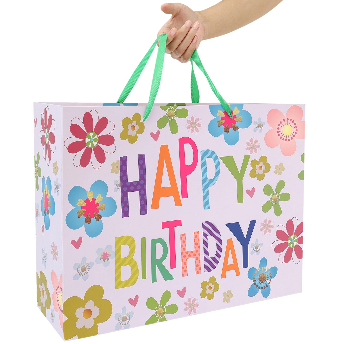 Qirrmiy 16.5” Extra Large Colorful Happy Birthday Gift Bag Set with Handles, Greeting Card, Tissue Papers and Stickers for Kids, Women, Girls, Newborn, New Moms or Parents, 1 Pcs