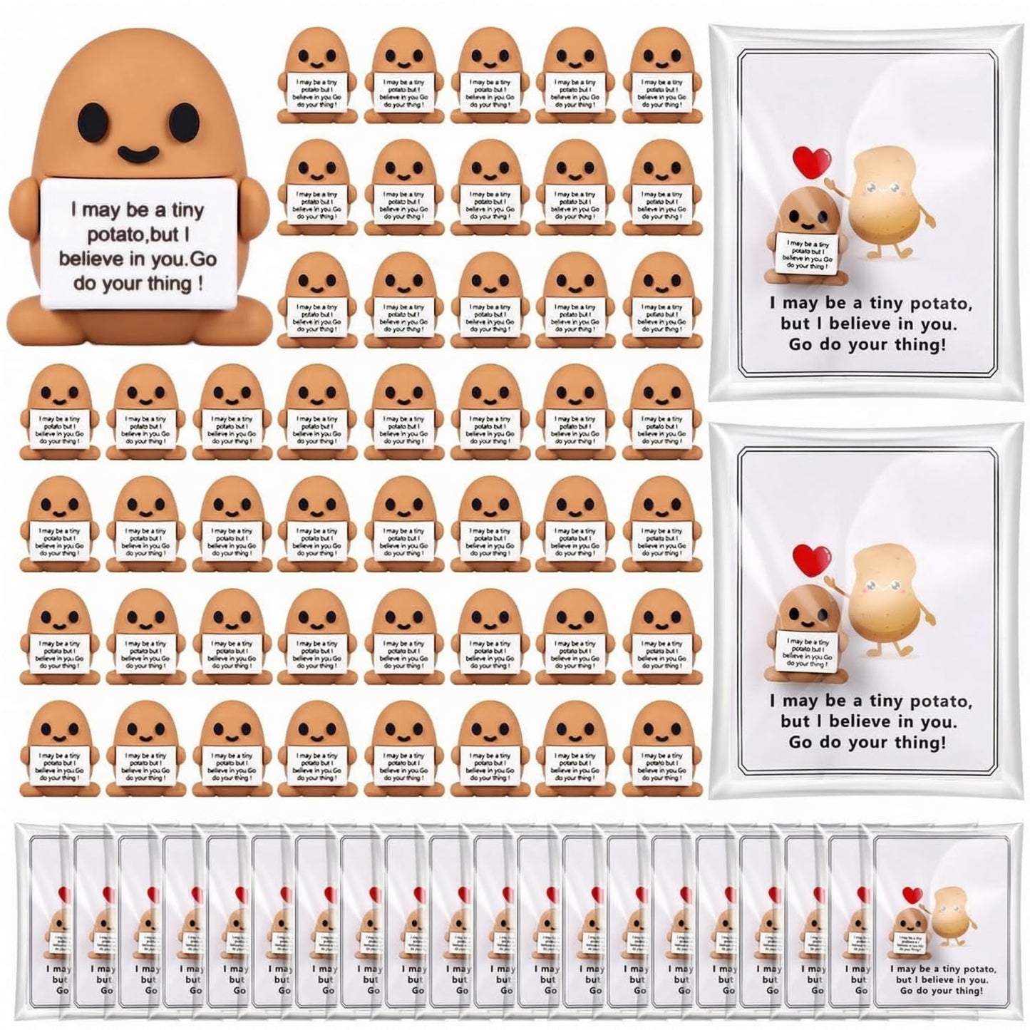 Gejoy 50 Sets Positive Mini Figurines Gifts Miniature Emotional Mini Rubber Toy with Positive Card Gift Bags Inspirational Birthday Gifts for Coworkers Employees (Potato)
