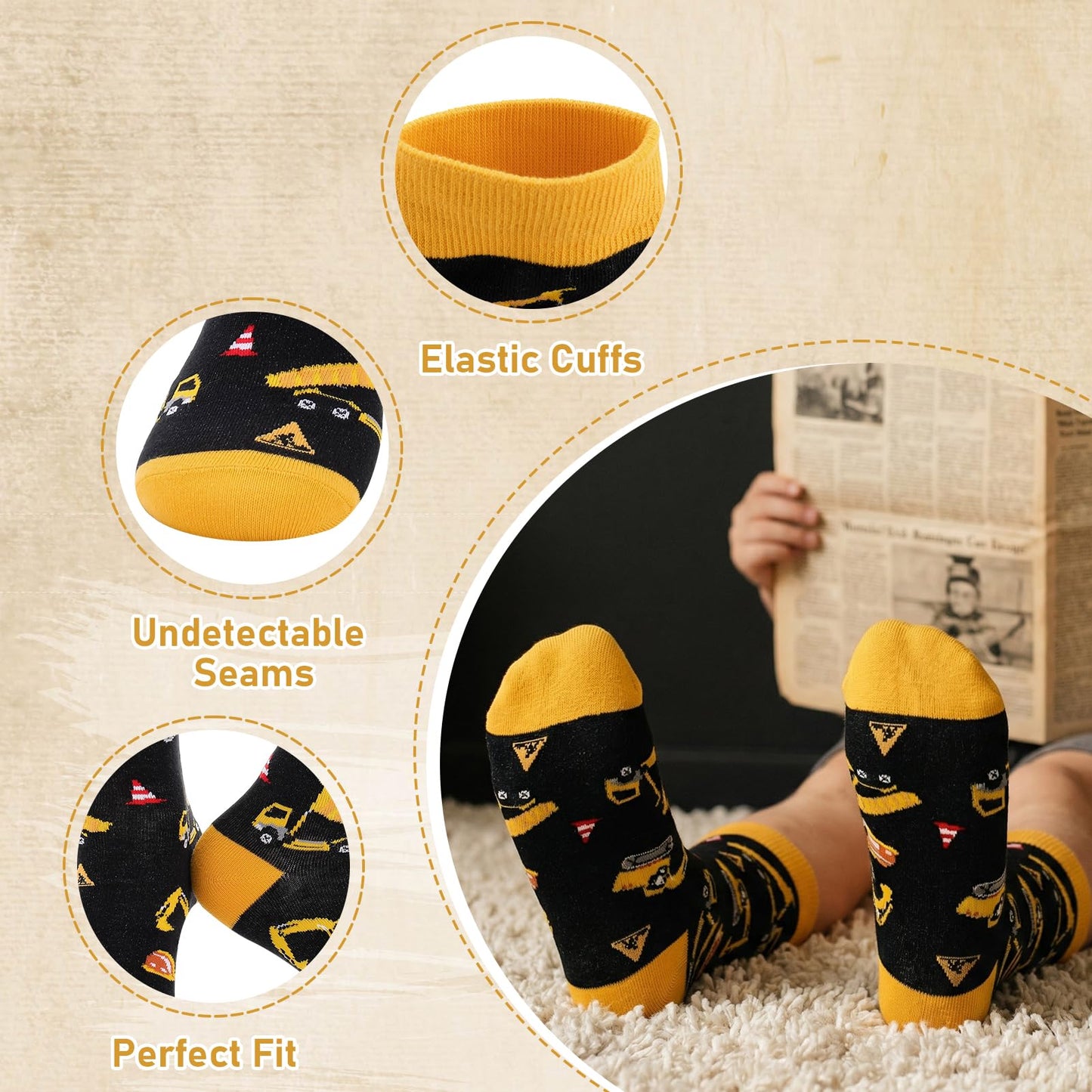 2 Pack Promoted to Big Brother Gifts for Boy Toddler, Includes 1 Big Brother Baseball Hat Toddler with Excavator Design 1 Pair Baby Boy Tractor Socks Light Khaki
