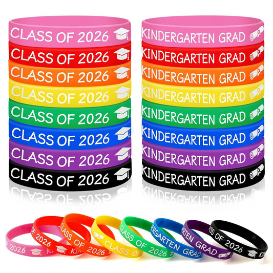 JUNEBRUSHS 24Pcs Kindergarten Preschool Silicone Rubber Wristbands Bracelets for Class of Graduation Kindergarten Preschool Party Favors Accessories (8 Designs)