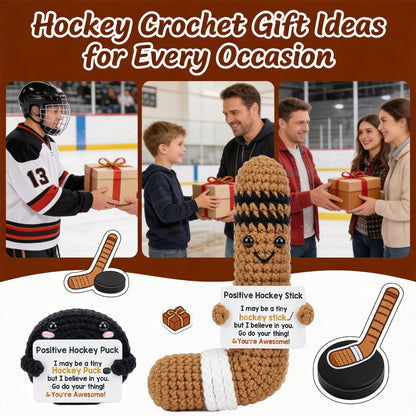 Positive Crochet Hockey Gift Set, Handmade Knitted Hockey Stick Puck with Card, Emotional Support Sports Gift for Teammates Men Women, Cute Cheer Up Birthday Gifts for Hockey Players