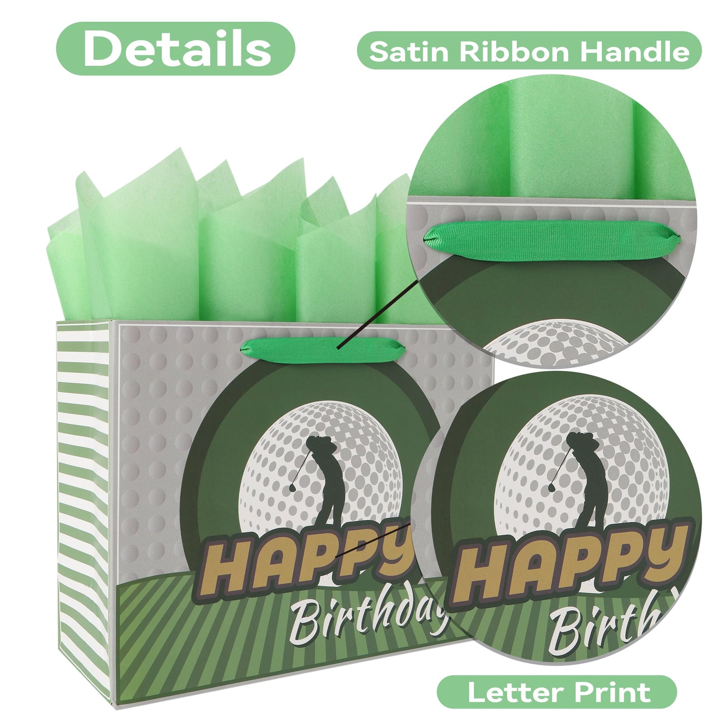 13” Large Golf Birthday Gift Bag Set with Handles, Greeting Card, Blue Tissue Papers for Men Boys Golfers for Golf Party Favors, Sports Themed Design, 1 Pcs