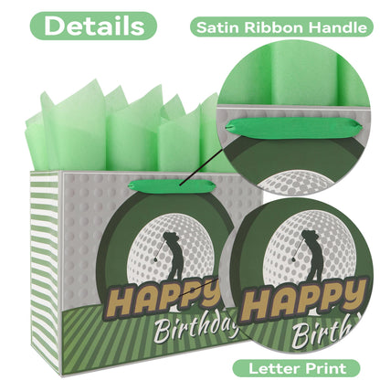 13” Large Golf Birthday Gift Bag Set with Handles, Greeting Card, Blue Tissue Papers for Men Boys Golfers for Golf Party Favors, Sports Themed Design, 1 Pcs