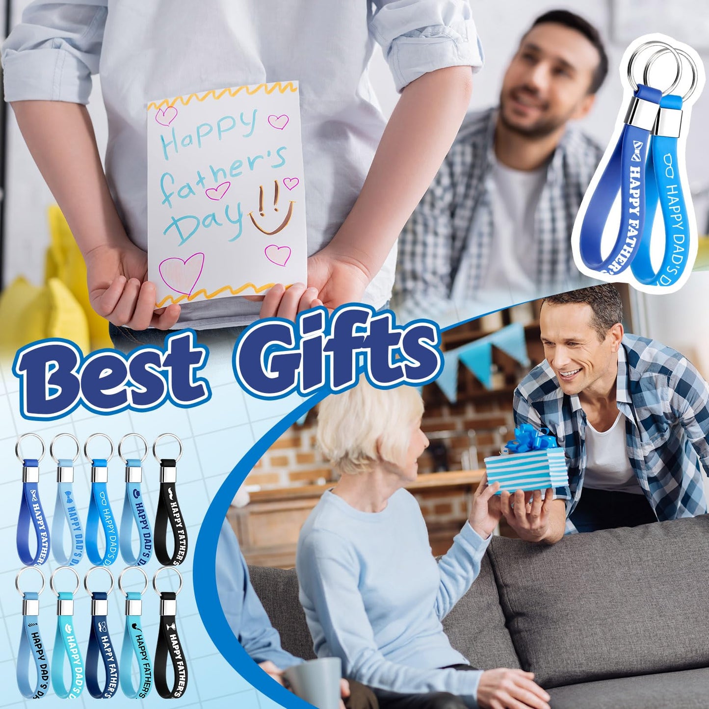Huquary 100 Pcs Happy Father's Day Silicone Keychains Best Father Gift Rubber Keyrings Thank You Dad Gift Keychain Wristlet Dad Birthday Gifts from Daughter Son Party Favors Papa Appreciation