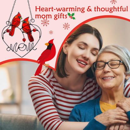 Pasimy Cardinal Gifts Mothers Day Red Cardinal Stained Glass Bird Suncatcher for Women Memorial Gifts for Loss of Loved One Sympathy Hanging Ornament with Metal Chain for Window Front Door Wall