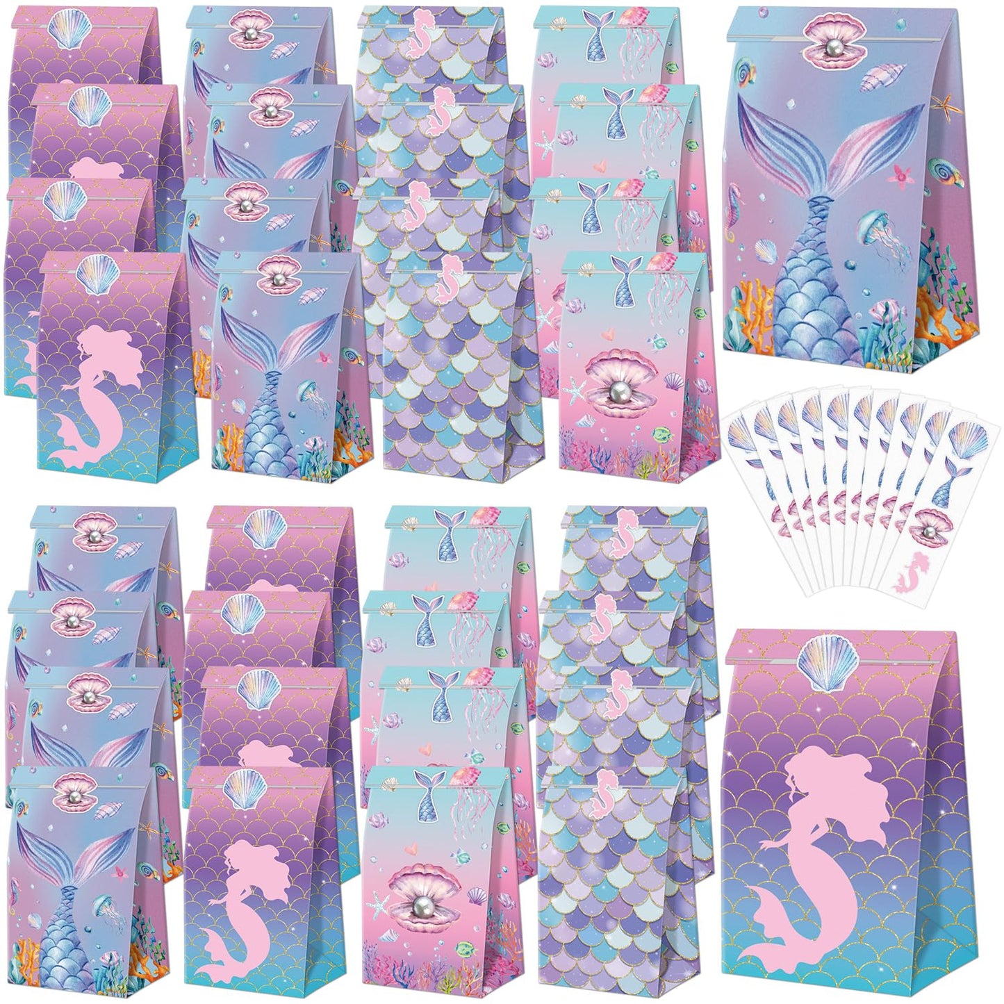 XJLANTTE 40 Pcs Mermaid Goodie Bags - Under The Sea Party Favor Bags with Tail Stickers, Scale Party Bags for Kids Girls Under The Sea Themed Little Mermaid Party Decorations