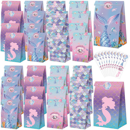 XJLANTTE 40 Pcs Mermaid Goodie Bags - Under The Sea Party Favor Bags with Tail Stickers, Scale Party Bags for Kids Girls Under The Sea Themed Little Mermaid Party Decorations