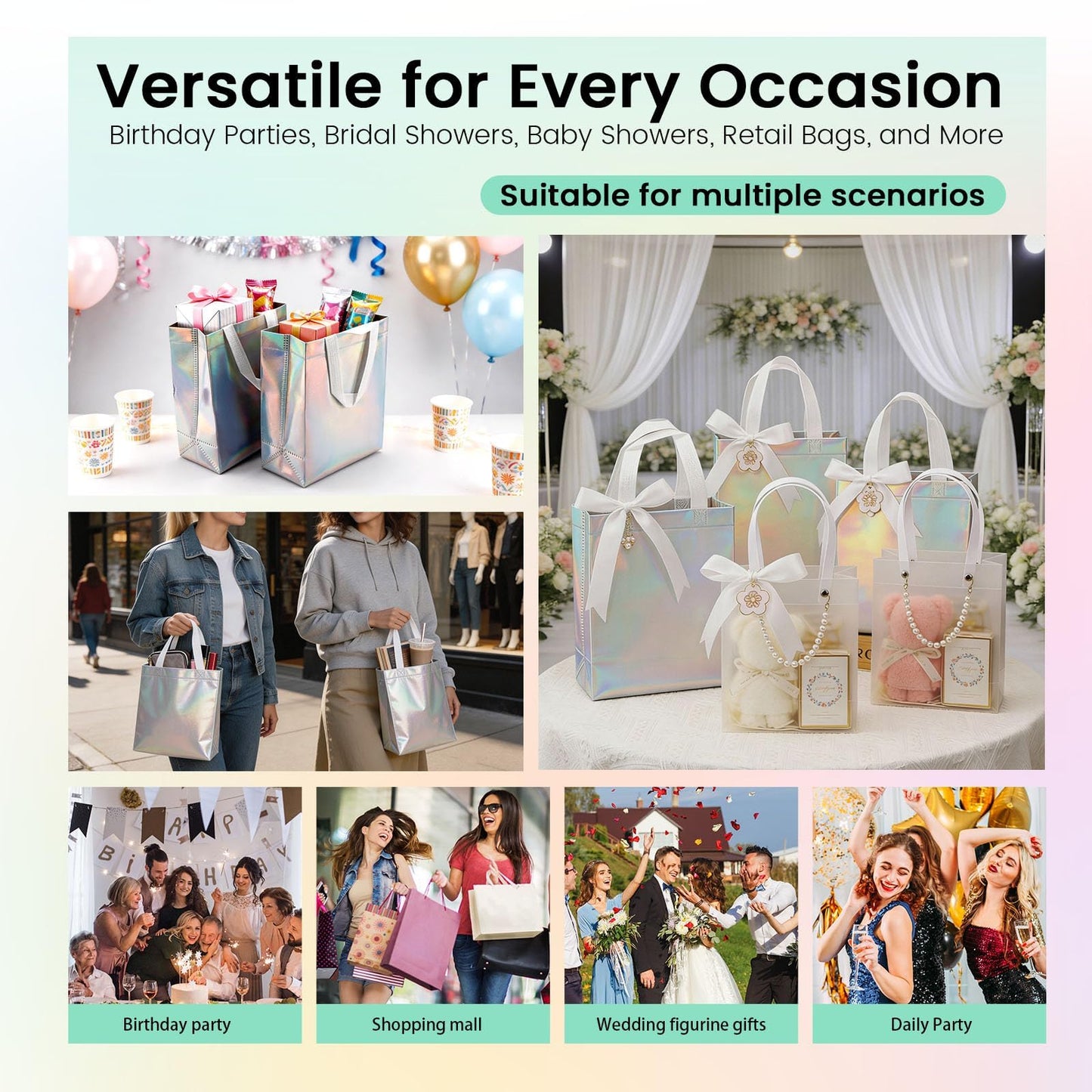 24 Pack Holographic Gift Bags With White Handles Non Woven Reusable Handled Gift Bags Iridescent Tote Bags Glossy Welcome Bags for Shopping Birthday Party Wedding, 8 x 4 x 10 Inch