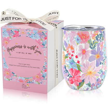 12oz Vacuum Insulated Wine Tumbler, Stainless Steel Flower Cup with Lid, Womens Birthday Friendship Gifts for Friend Coworkers Teacher Sister Girlfriend Her, Mothers Day Gifts for Mom