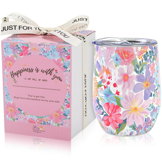 12oz Vacuum Insulated Wine Tumbler, Stainless Steel Flower Cup with Lid, Womens Birthday Friendship Gifts for Friend Coworkers Teacher Sister Girlfriend Her, Mothers Day Gifts for Mom