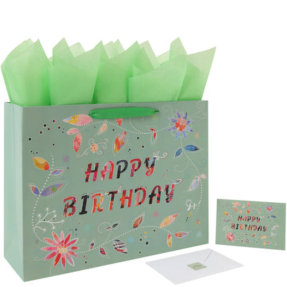 Qirrmiy 16.5” Extra Large Happy Birthday Gift Bag Set with Handles, Greeting Card, Tissue Papers and Stickers for Women Girls, Green Floral Design, 1 Pcs