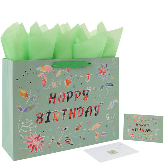 Qirrmiy 16.5” Extra Large Happy Birthday Gift Bag Set with Handles, Greeting Card, Tissue Papers and Stickers for Women Girls, Green Floral Design, 1 Pcs