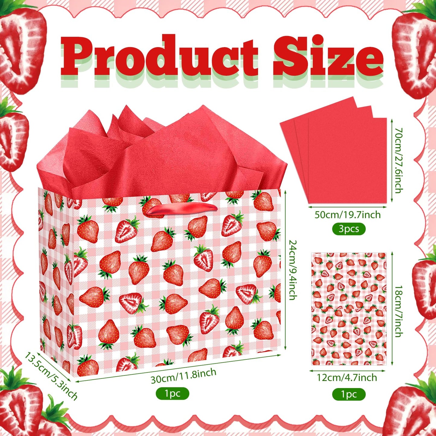 Strawberry Gift Bag with Red Tissue Paper & Card Pink Gingham Plaid Gift Wrapping Bag - Berry Sweet Theme Party Supplies for Women Teen Girls 1st Birthday, Baby Shower, Bridal Shower Summer Picnic