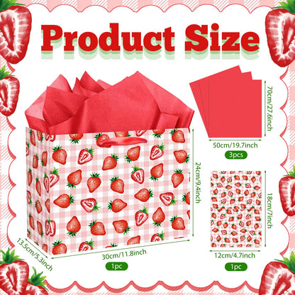 Strawberry Gift Bag with Red Tissue Paper & Card Pink Gingham Plaid Gift Wrapping Bag - Berry Sweet Theme Party Supplies for Women Teen Girls 1st Birthday, Baby Shower, Bridal Shower Summer Picnic