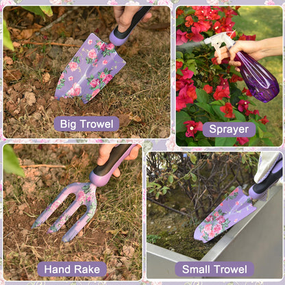 Gardening Tools, WisaKey 10 Piece Heavy Duty Purple Garden Tool Set Durable Garden Supplies Organizer Bag Garden Hand Tools Grandmother Granny for Woman Mothers