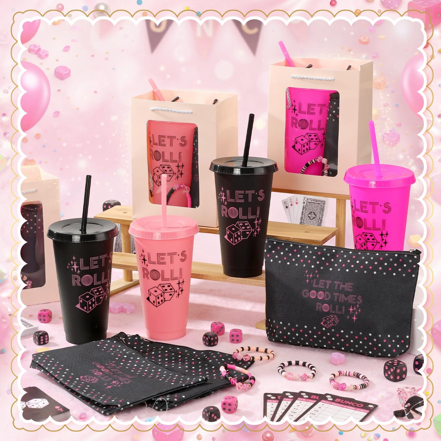 Remerry 24 Pcs Bunco Party Favors Let's Roll Plastic Cups with Lids and Straws Bunco Cosmetic Bags Dice Bracelets and Pink Gift Bags Casino Decoration for Guests Prize Bachelorette Birthday Wedding