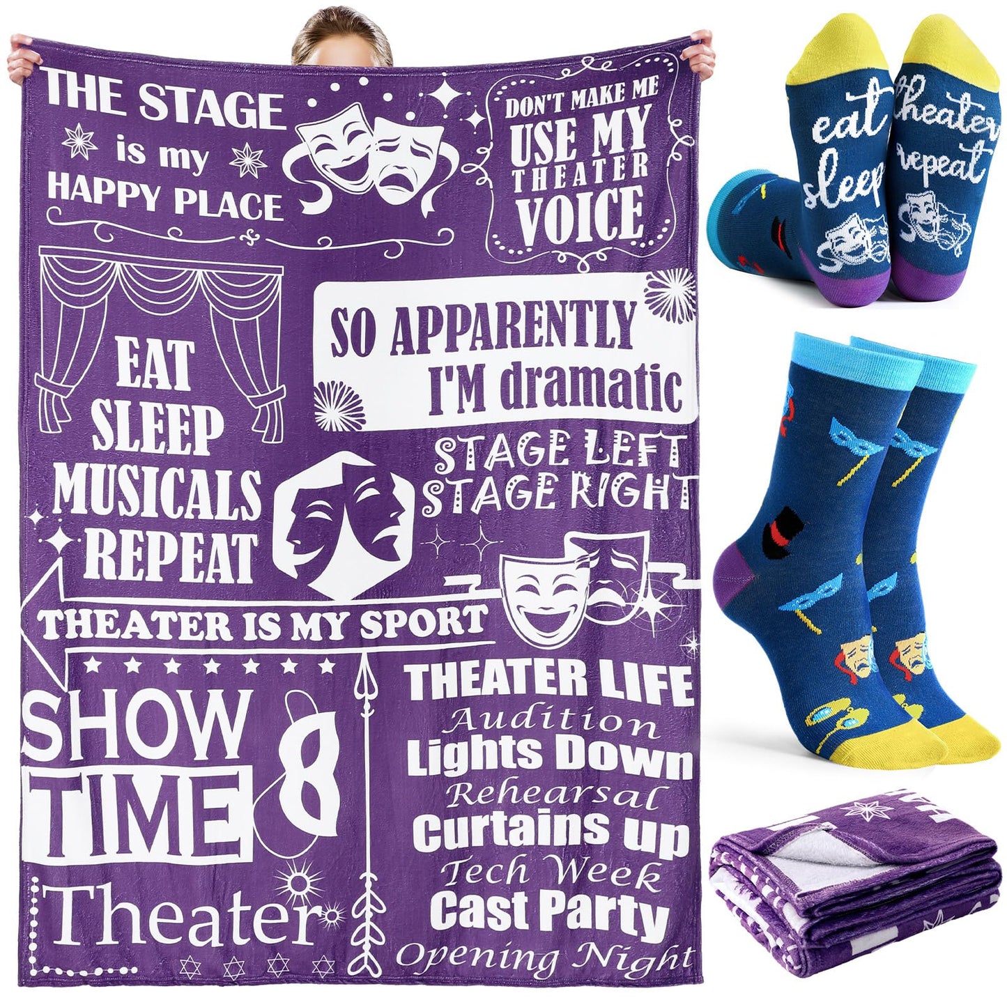 HunnmingRe 2 Pcs Theater Lovers Gifts for Girls Women Men Movie Musical Theater Drama Throw Blankets and Socks Gifts 50" x 60" for Actors Broadway Favors