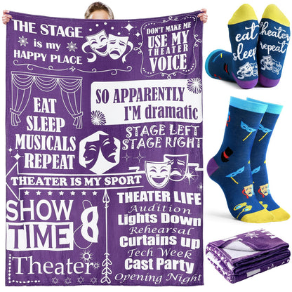 HunnmingRe 2 Pcs Theater Lovers Gifts for Girls Women Men Movie Musical Theater Drama Throw Blankets and Socks Gifts 50" x 60" for Actors Broadway Favors