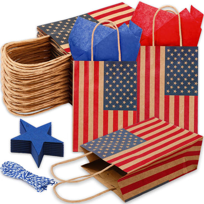 JarThenaAMCS 24 Pcs Patriotic Paper Gift Bags with Tissue Paper Star Gift Tag Rope 4th of July American Flag Kraft Goodie Treat Bag with Handles for Independence Day 250th Anniversary Memorial Day