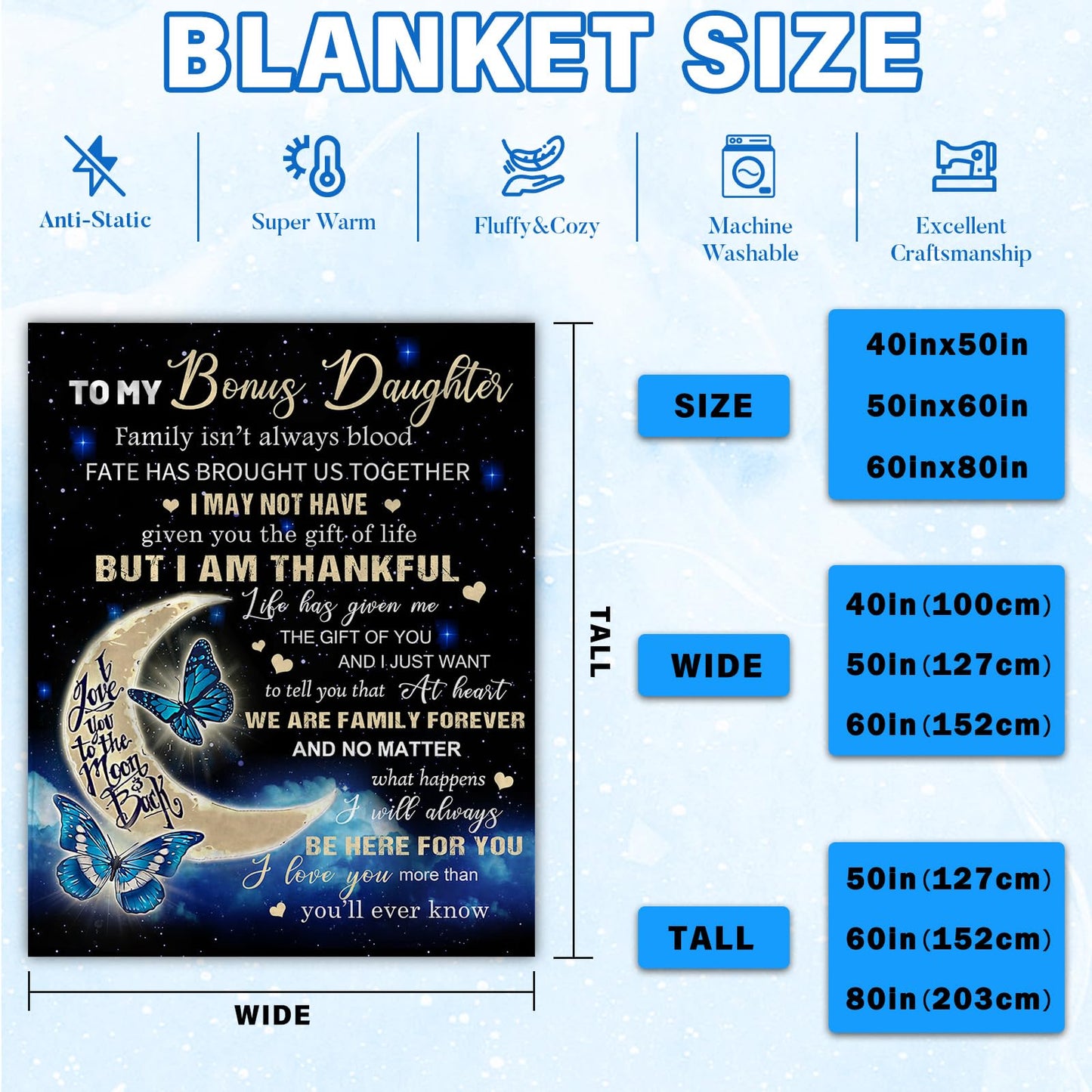 Bonus Daughter Gifts, Step Daughter Gifts from Stepmom Stepdad, Birthday Graduation Wedding Gifts for Bonus Daughters, Gift for Step Daughter, to My Bonus Daughter Throw Blanket 60"x50"