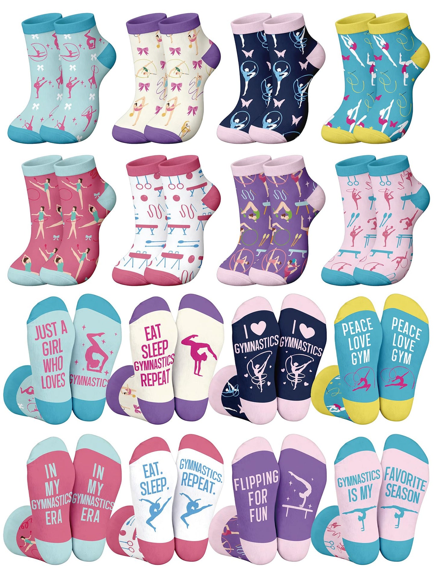 Glitopper 8 Pairs Gymnastics Theme Gift Socks Bulk, Gymnast Accessories Stuff Birthday Party Favors for Team Coach Gymnast Adults Women - 8 Styles