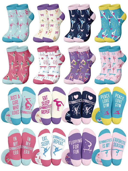 Glitopper 8 Pairs Gymnastics Theme Gift Socks Bulk, Gymnast Accessories Stuff Birthday Party Favors for Team Coach Gymnast Adults Women - 8 Styles