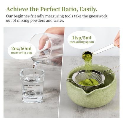 YIBO Matcha Whisk Set With Bowl, Ceramic Matcha Making Kit Includes Bamboo Whisk (Chasen), Holder Stand, Powder Starter Sifter, Scoop, Measuring Spoon & Cup Tea Tools For Ceremony (Mottled Green)