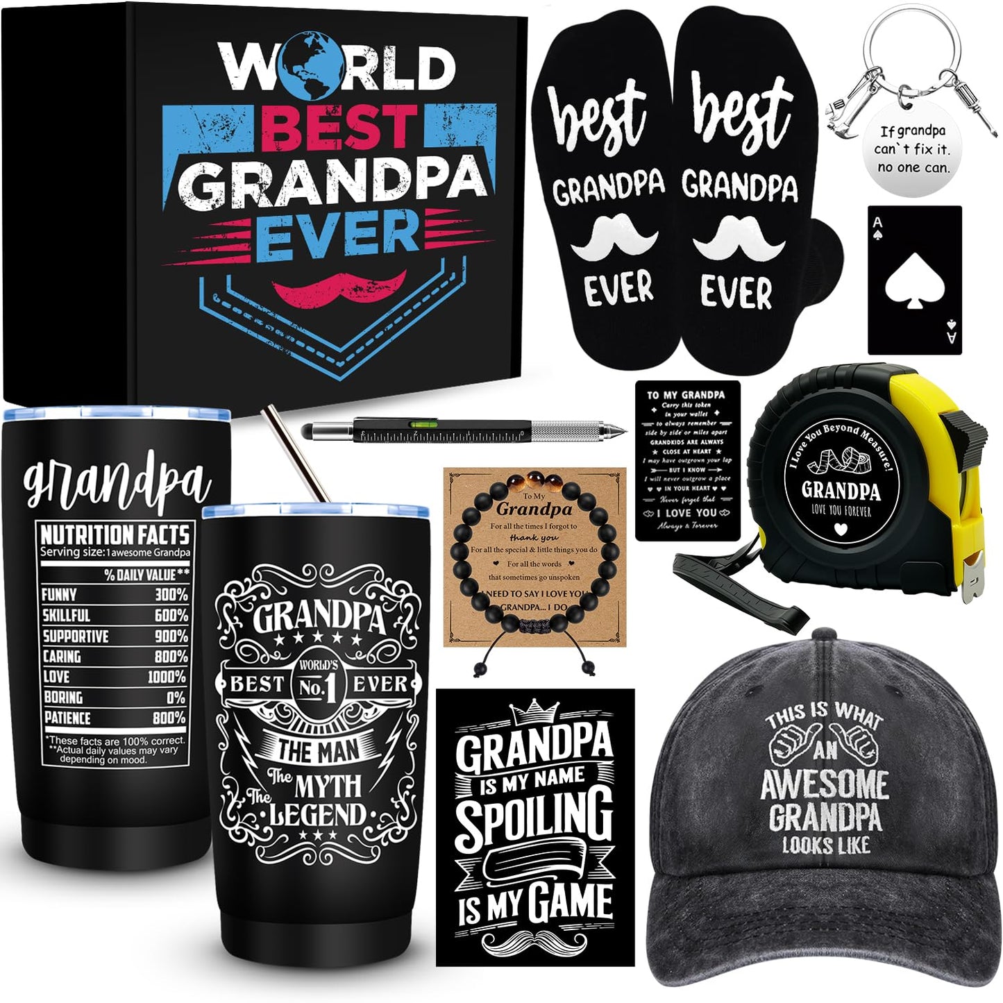 JTAMOHI 11 Pieces Grandpa Gifts, Best Grandpa Ever Gift with 20 Oz Tumbler Socks Baseball Cap Tape Measure Bracelet Wallet Card Keychain, Fathers Day Birthday Christmas Gift for Grandfather Granddad