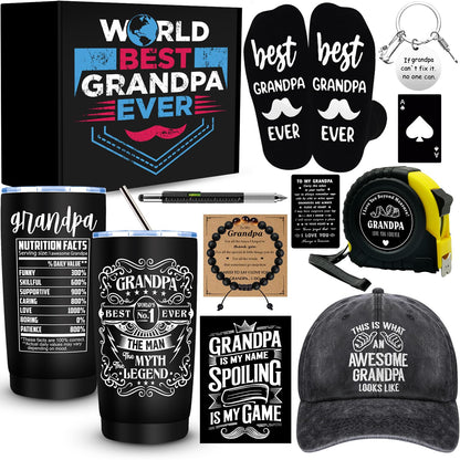 JTAMOHI 11 Pieces Grandpa Gifts, Best Grandpa Ever Gift with 20 Oz Tumbler Socks Baseball Cap Tape Measure Bracelet Wallet Card Keychain, Fathers Day Birthday Christmas Gift for Grandfather Granddad