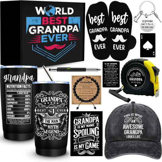 JTAMOHI 11 Pieces Grandpa Gifts, Best Grandpa Ever Gift with 20 Oz Tumbler Socks Baseball Cap Tape Measure Bracelet Wallet Card Keychain, Fathers Day Birthday Christmas Gift for Grandfather Granddad
