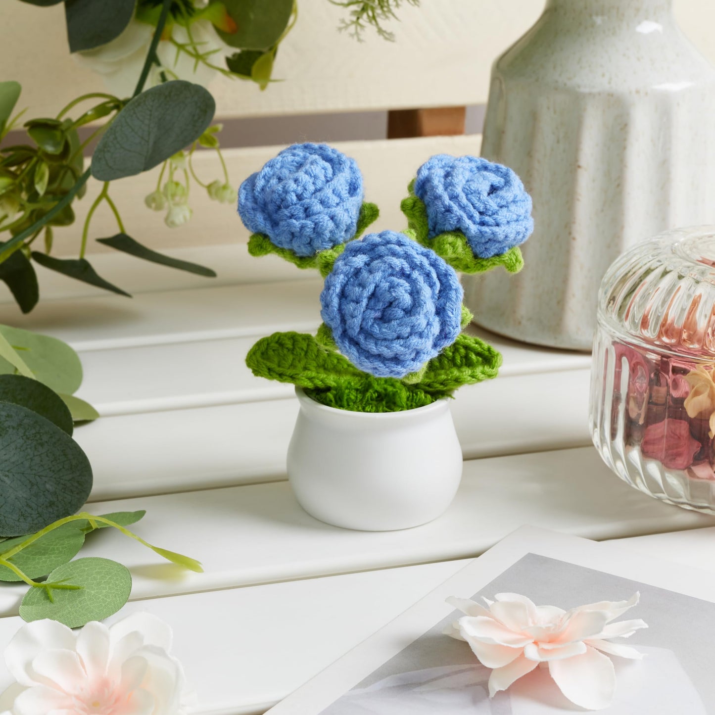 LAIDANLA Crochet Flowers Blue Roses Mini Potted, Handmade Blue Rose Anniversary Appreciation Birthday Gifts for Women Friend Teacher Coworker Mom Sister Knitted Flower for Desk Car
