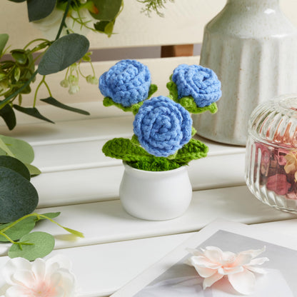 LAIDANLA Crochet Flowers Blue Roses Mini Potted, Handmade Blue Rose Anniversary Appreciation Birthday Gifts for Women Friend Teacher Coworker Mom Sister Knitted Flower for Desk Car